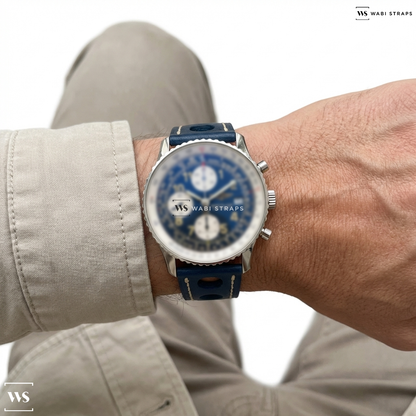 Blue Perforated Leather Watch Strap on Breitling Navitimer