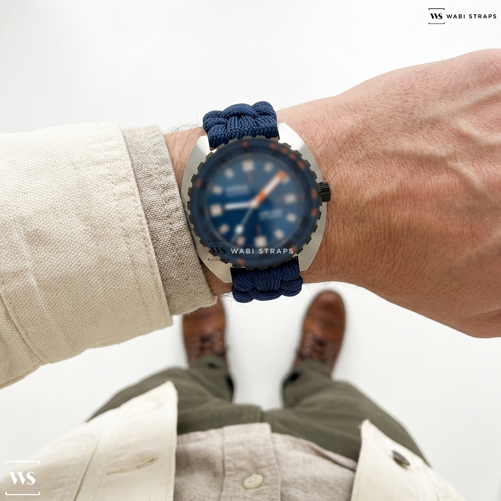 Blue Woven Nylon Watch Strap on DOXA Sub 300 Beta Caribbean 42.5mm Mens Watch Blue 830.10.201.10