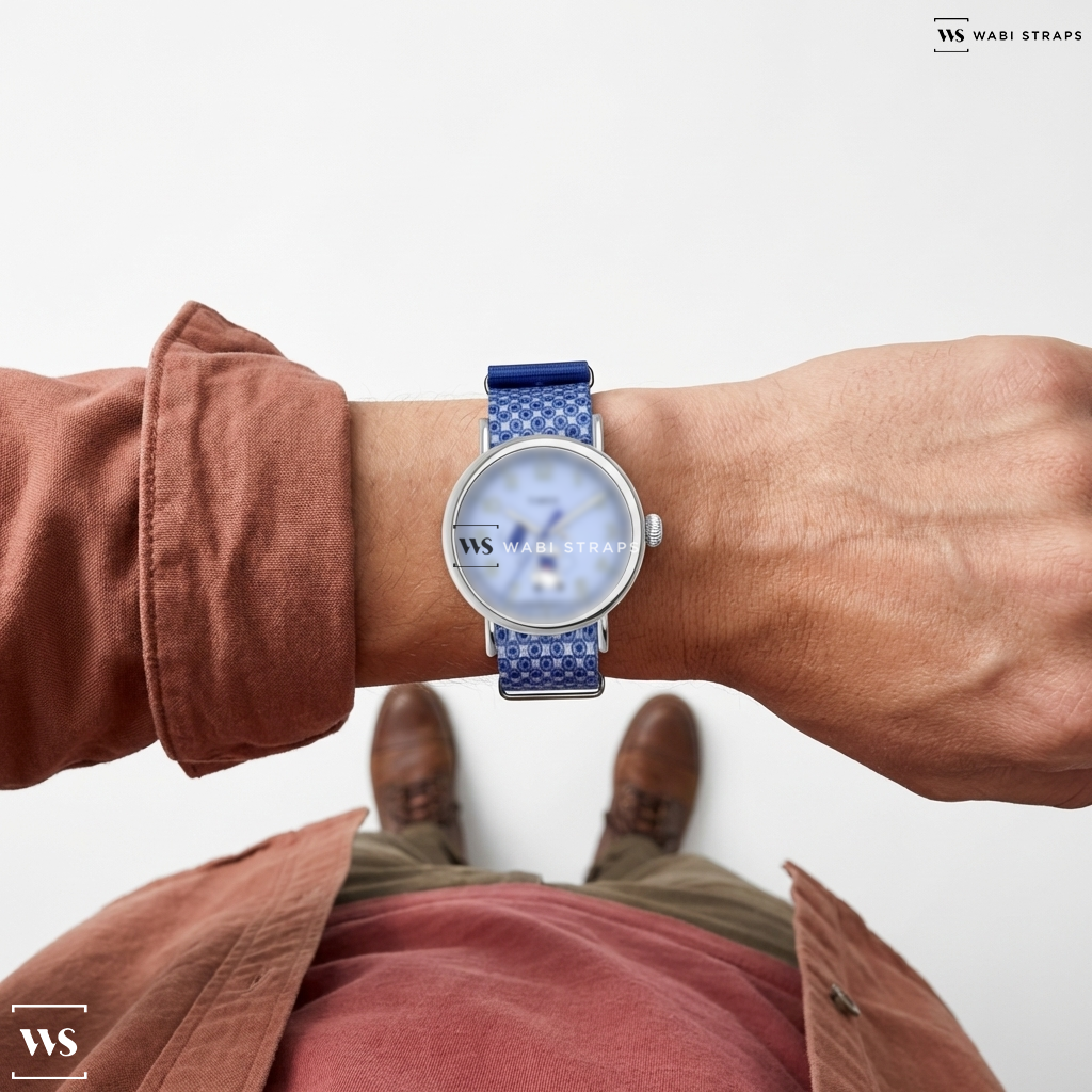 Blue/White Graphic Print Nylon Watch Strap on Timex Standard x Peanuts Featuring Snoopy Graduation