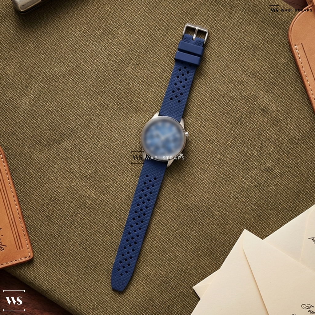 Blue Textured Rubber Watch Strap on Jaeger LeCoultre Polaris Perpetual Calendar Blue Dial