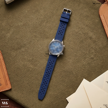 Blue Textured Rubber Watch Strap on Jaeger LeCoultre Polaris Perpetual Calendar Blue Dial