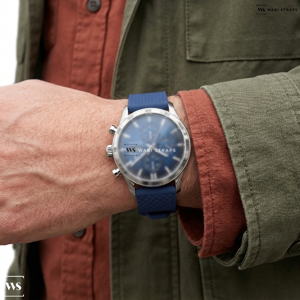 Blue Textured Rubber Watch Strap on CYMA W02-00813-001 GRAND MAESTRO CHESS LIMITED EDITION AUTOMATIC CHRONOGRAPH MEN WATCH