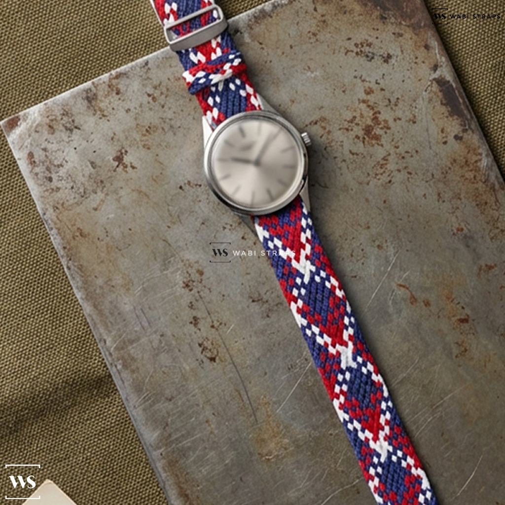 Blue/Red/White Interwoven Contrast Nylon Watch Strap on Vintage Longines Dress Watch