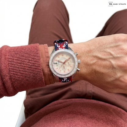 Blue/Red/White Interwoven Contrast Nylon Watch Strap on Elevon Men's Bombardier Chronograph Leather White Dial Watch