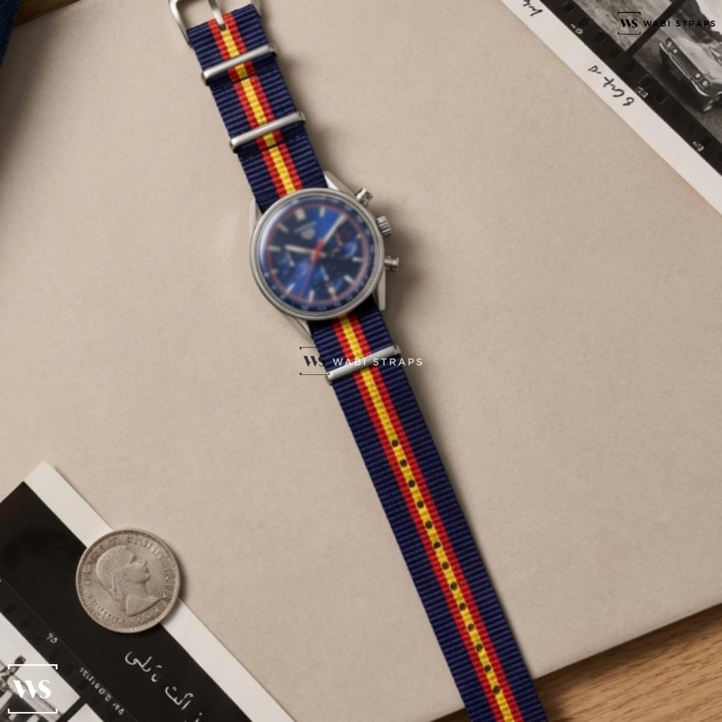 Blue/Red/Yellow 2 Thick 3 Thin Stripes Nylon Watch Strap on Tag Heuer Carrera Chronograph Blue Dial