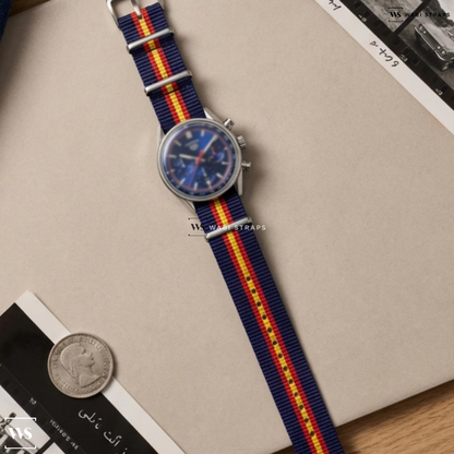 Blue/Red/Yellow 2 Thick 3 Thin Stripes Nylon Watch Strap on Tag Heuer Carrera Chronograph Blue Dial