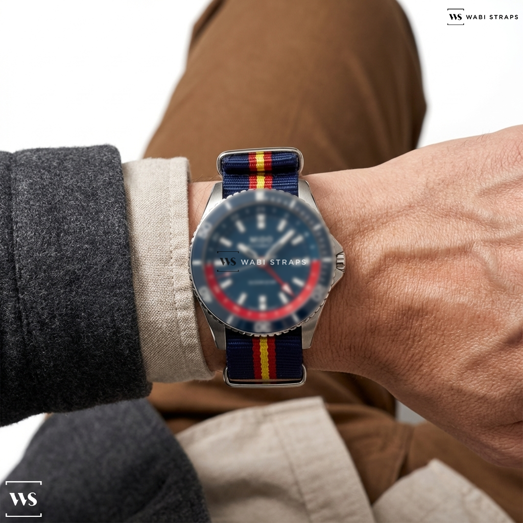 Blue/Red/Yellow 2 Thick 3 Thin Stripes Nylon Watch Strap on Mido OCEAN STAR Automatic Blue Dial