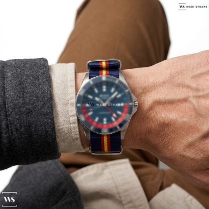 Blue/Red/Yellow 2 Thick 3 Thin Stripes Nylon Watch Strap on Mido OCEAN STAR Automatic Blue Dial