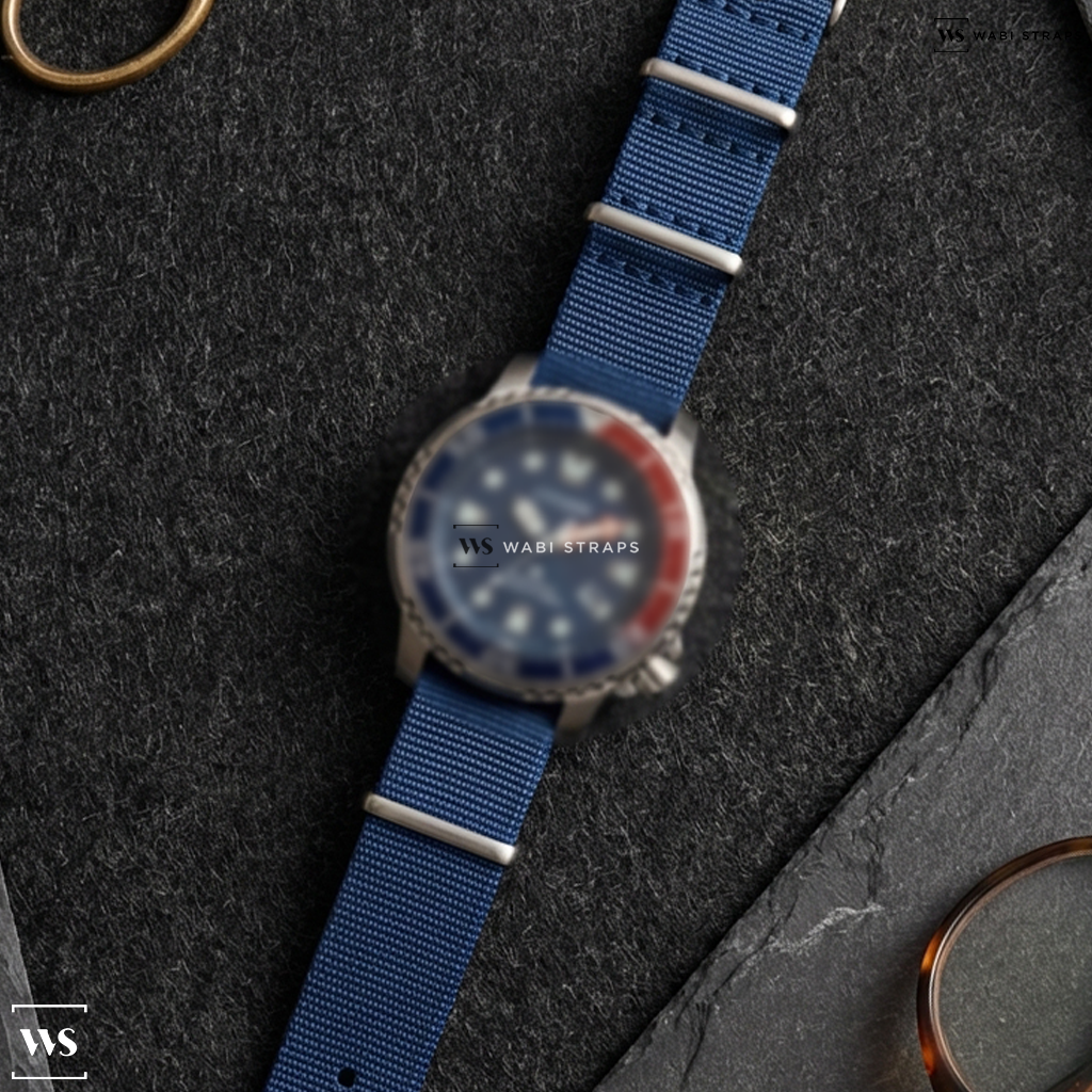 Blue Ribbed Nylon Watch Strap on Citizen Promaster Dive Eco-Drive