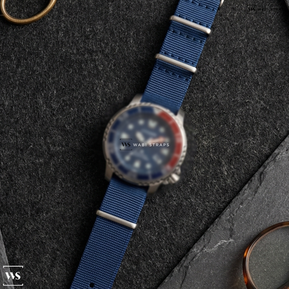 Blue Ribbed Nylon Watch Strap on Citizen Promaster Dive Eco-Drive