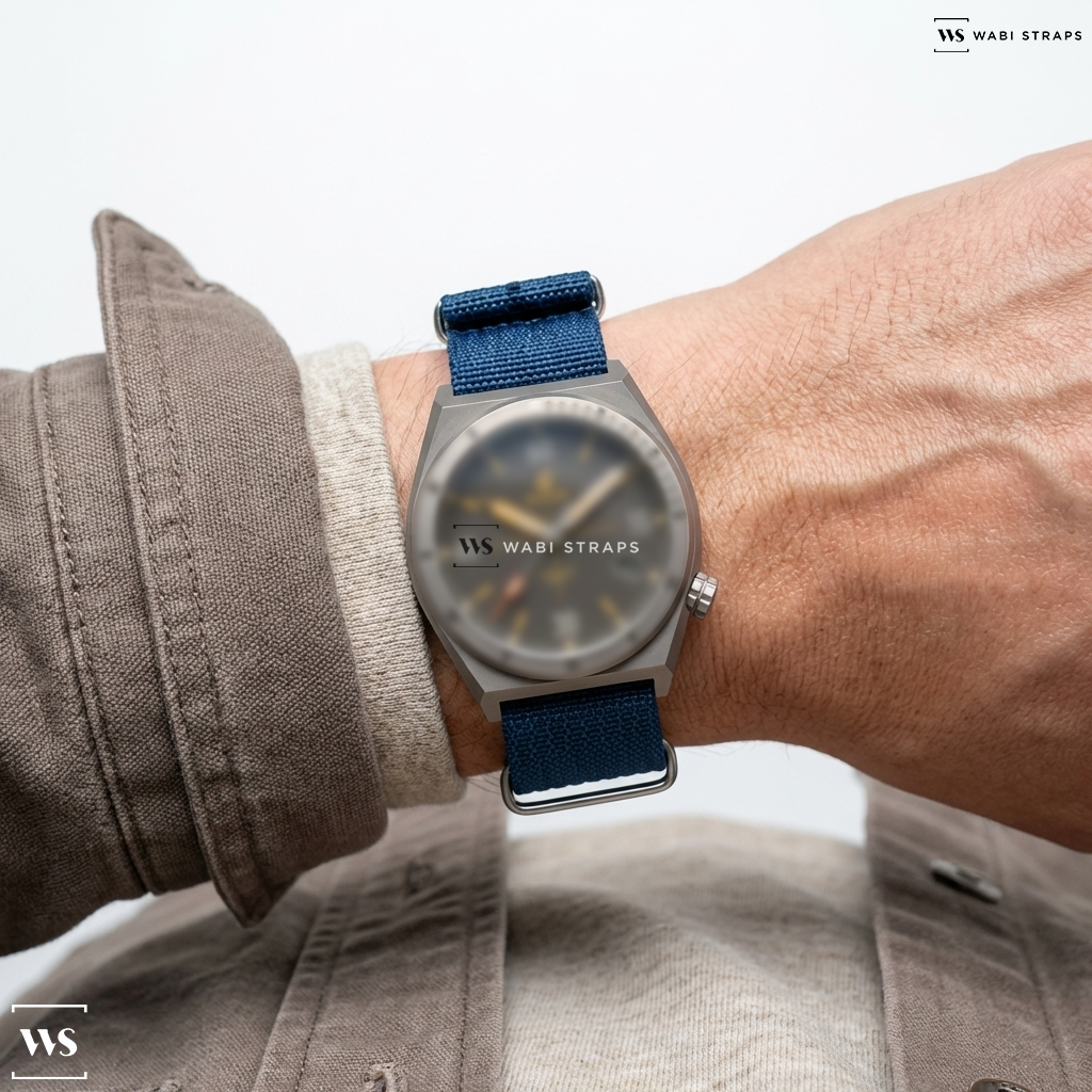 Blue Ribbed Nylon Watch Strap on BOLDR Supply Co Venture Windup Edition