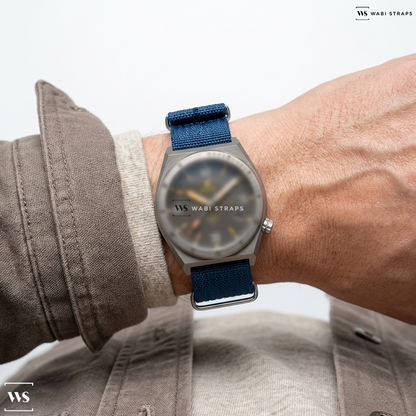 Blue Ribbed Nylon Watch Strap on BOLDR Supply Co Venture Windup Edition