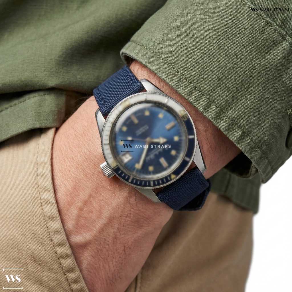 Blue Rough Weave Canvas Watch Strap on Constantina Watch Incabloc Blue Diver