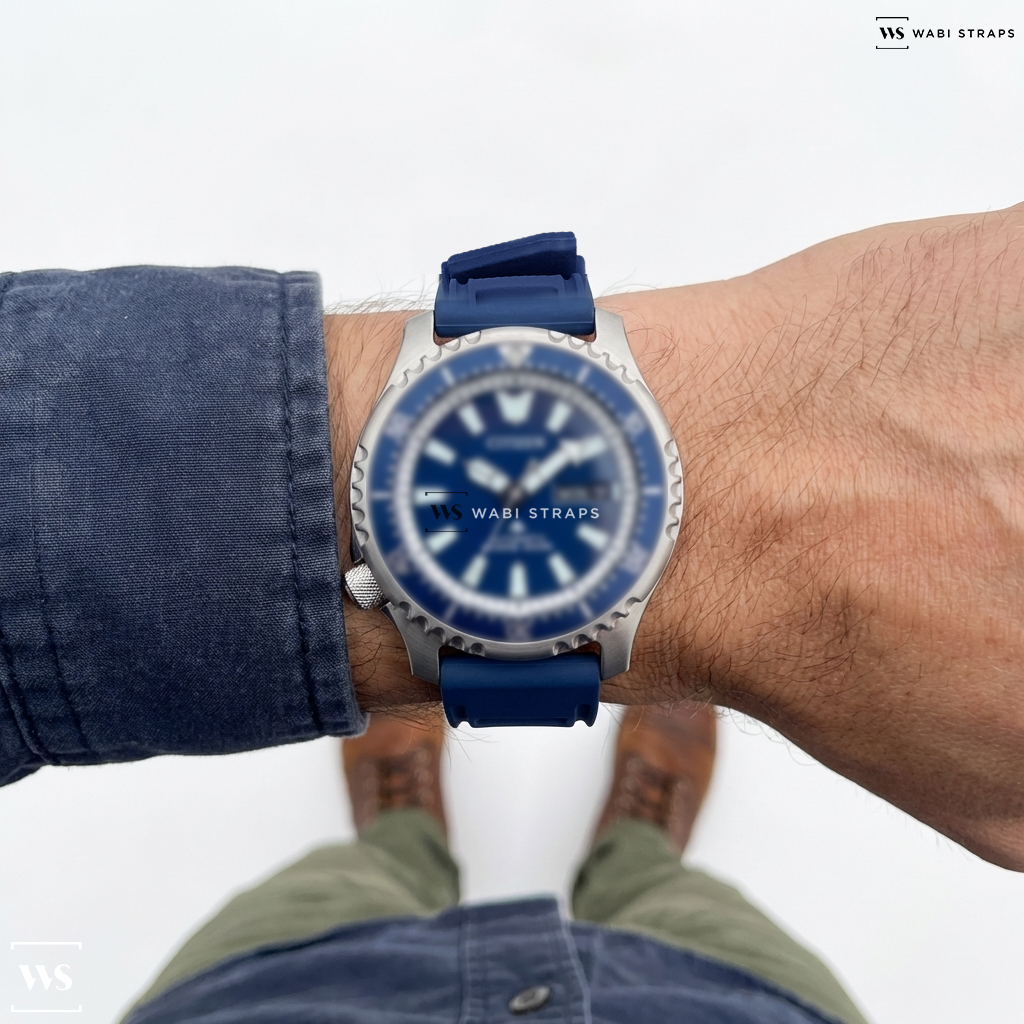 Blue Perforated Rubber Watch Strap on CITIZEN NY0161-63L PROMASTER FUGU LIMITED EDITION AUTOMATIC MEN WATCH