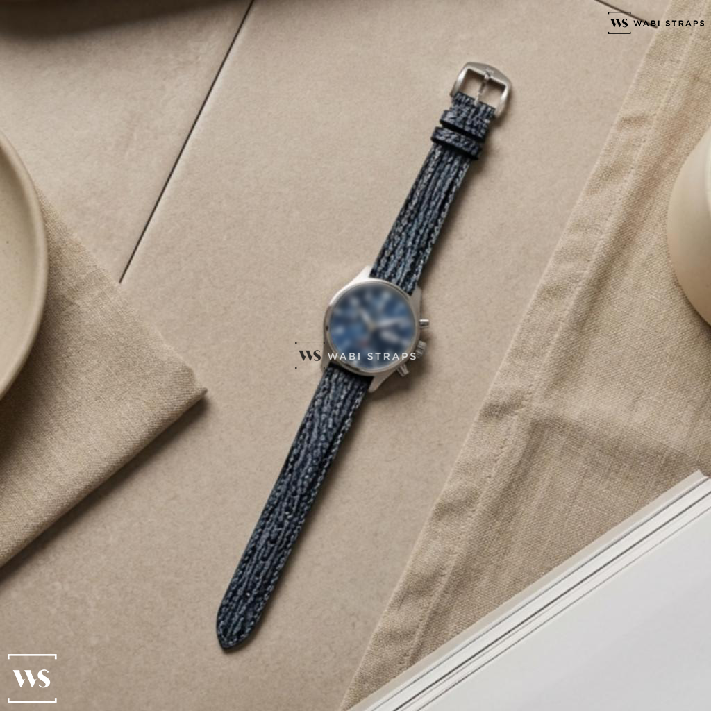 Blue Shark Grain Leather Watch Strap on IWC Pilots Watch Chronograph 41mm SS Blue Dial