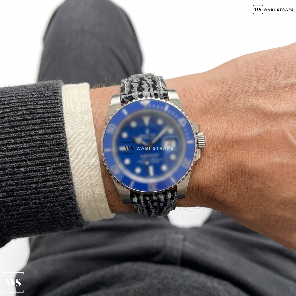 Blue Shark Grain Leather Watch Strap on Rolex Submariner SMURF Date 116619LB 18K White Gold Blue Dial