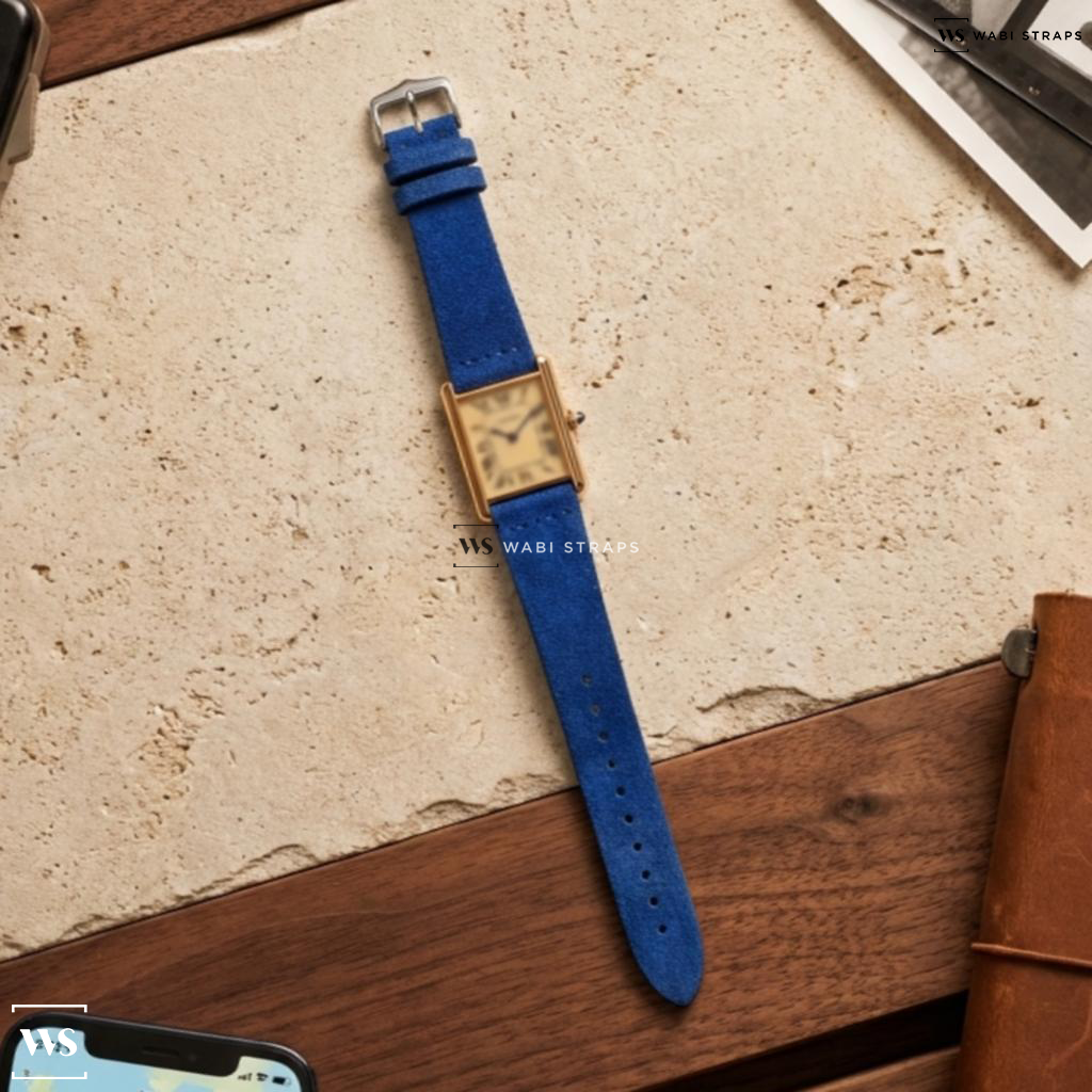 Blue Fuzzy Grain Suede Watch Strap on Must De Cartier Tank
