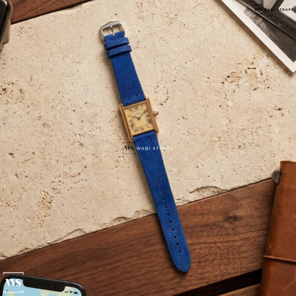 Blue Fuzzy Grain Suede Watch Strap on Must De Cartier Tank