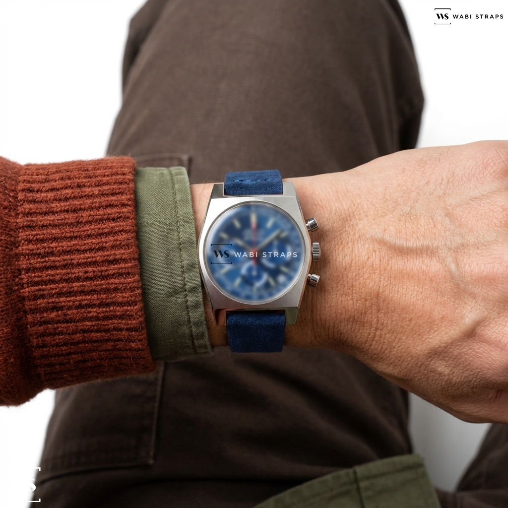 Blue Fuzzy Grain Suede Watch Strap on Zenith Elprimero Blue Chronogrpah