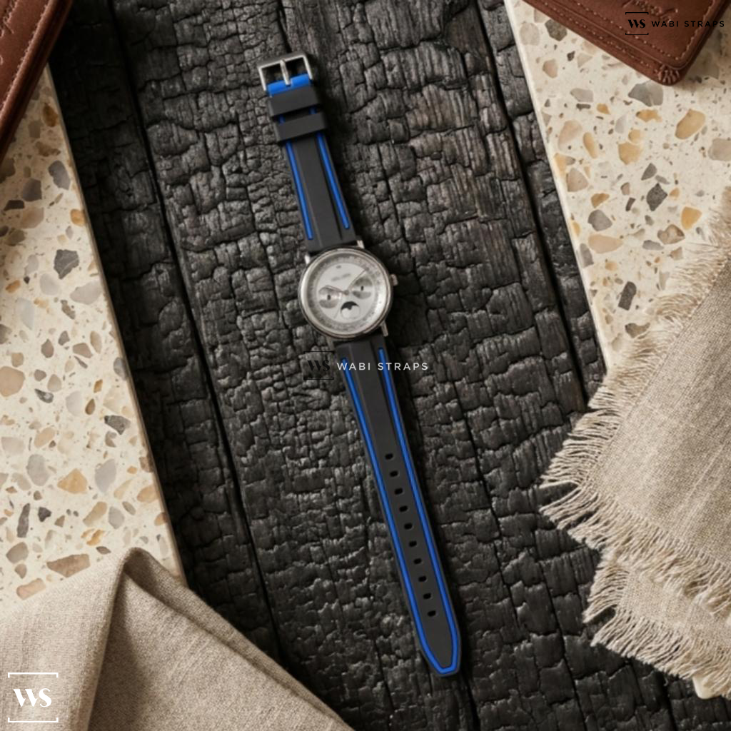 Black/Blue Contrast Edge Silicone Watch Strap on Vacheron Constatin Triple Calendar Moonphase
