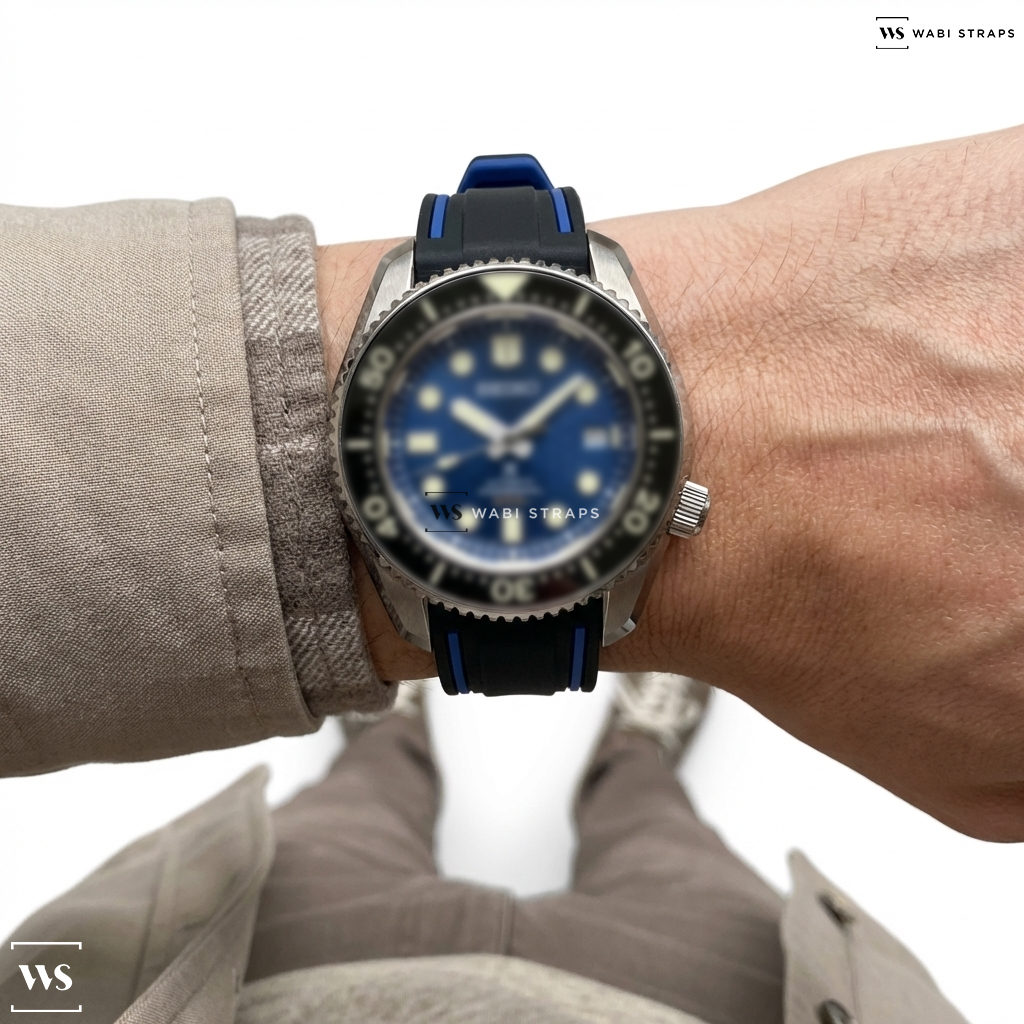 Black/Blue Contrast Edge Silicone Watch Strap on Seiko Automatic Blue Dive Watch