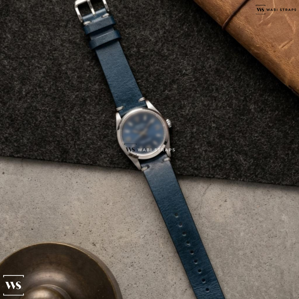Blue Waxed Leather Watch Strap on Rolex Air King Ref. 114200