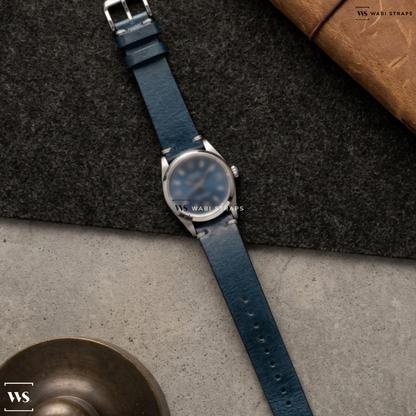 Blue Waxed Leather Watch Strap on Rolex Air King Ref. 114200