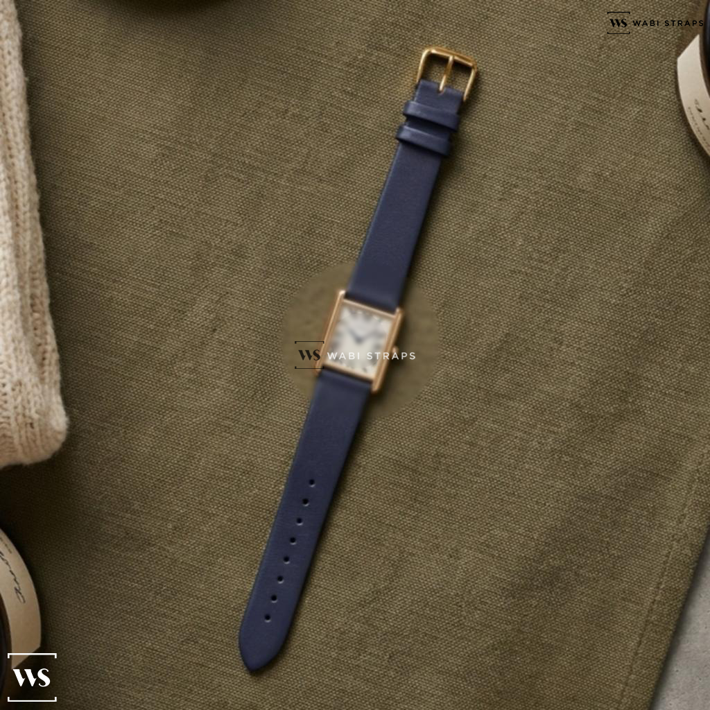 Blue Smooth Leather Watch Strap on Cartier Tank Louis Cartier Manual Wind 18K Yellow Gold