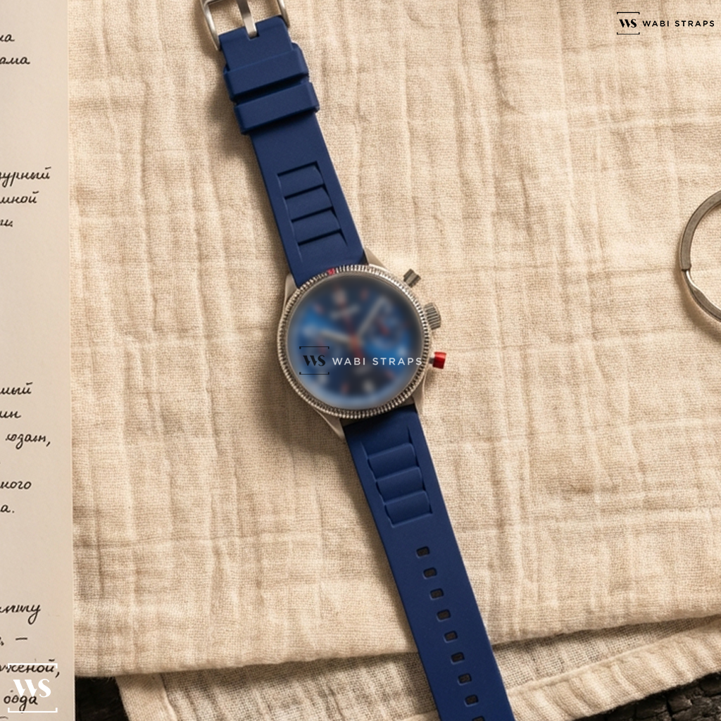 Blue Vented Silicone Watch Strap on HANHART RED X BLUE TWIN SET LIMITED EDITION H702L.270-0310 MEN WATCH