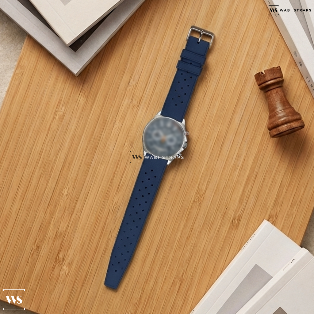 Blue Perforated Rubber Watch Strap on Seiko Quartz Chronograph with Multi-Layer Blue Dial and Nylon Strap #SSB409