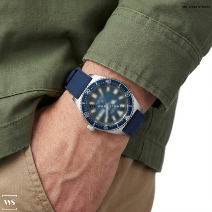 Blue Perforated Rubber Watch Strap on CITIZEN NY0129-07L PROMASTER MARINE AUTOMATIC MEN WATCH