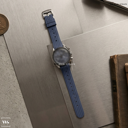 Blue Ribbed Rubber Watch Strap on Omega Dark Side of the Moon Ceramic "Blackout"