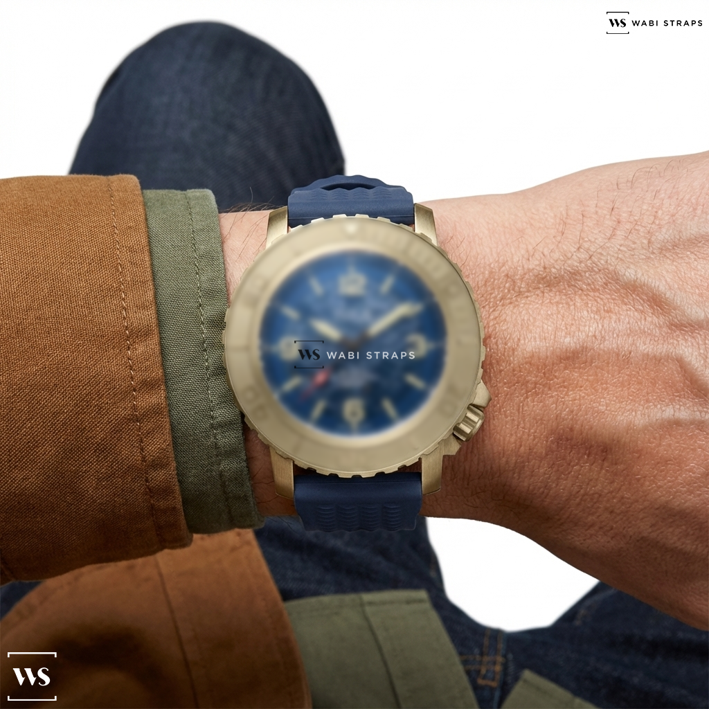 Blue Ribbed Rubber Watch Strap on SOLVIL ET TITUS THE CAPE W06-03279-007 3 HANDS MECHANICAL MEN WATCH