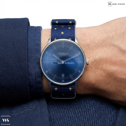Blue/Yellow Graphic Print Nylon Watch Strap on Sternglas NAOS Blue