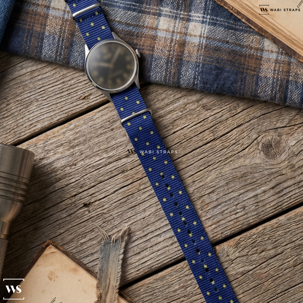 Blue/Yellow Graphic Print Nylon Watch Strap on Tissot Heritage 1938 Automatic COSC 39mm