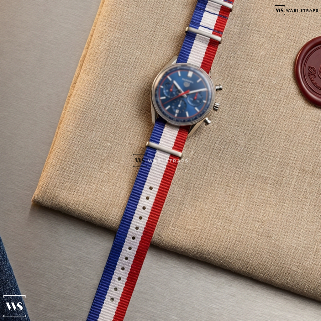 Blue/Red/White 3 Stripes Nylon Watch Strap on Tag Heuer Carrera Chronograph 42mm CBN201D