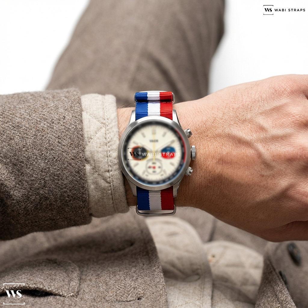 Blue/Red/White 3 Stripes Nylon Watch Strap on VAER | R1 Rally USA Chronograph