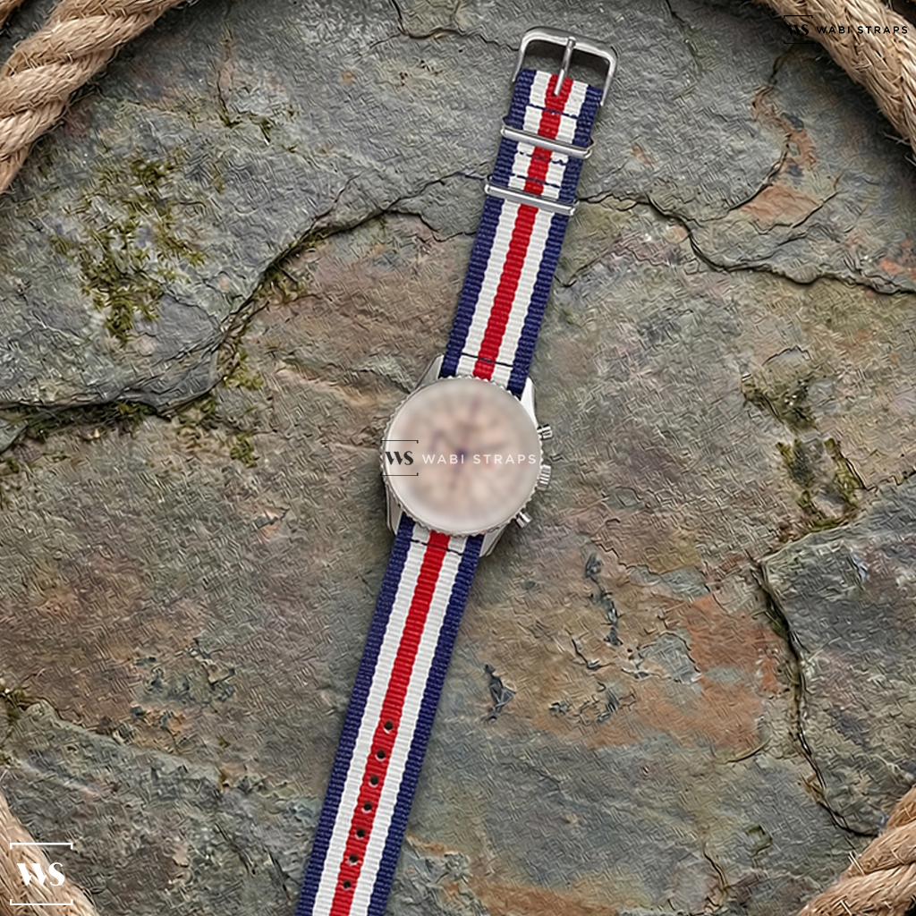 Blue/Red/White 5 Stripes Nylon Watch Strap on Breitling Navitimer Montbrillant A41330