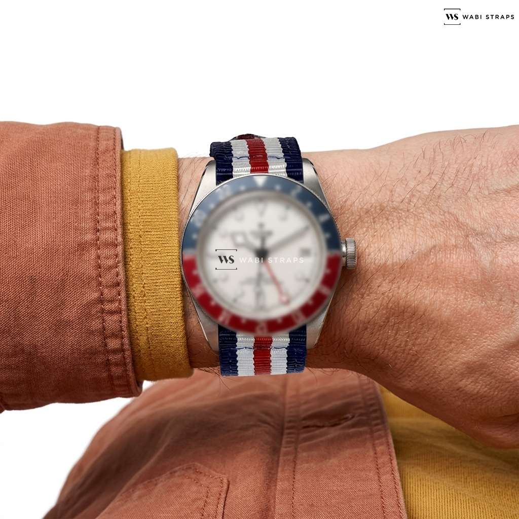 Blue/Red/White 5 Stripes Nylon Watch Strap on TUDOR Black Bay GMT Watch White Dial