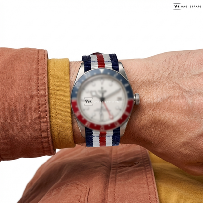 Blue/Red/White 5 Stripes Nylon Watch Strap on TUDOR Black Bay GMT Watch White Dial