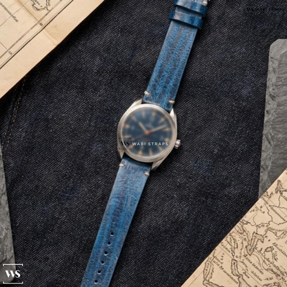Blue Wood Leather Watch Strap on Omega Seamaster Railmaster Co-Axial Master Chronometer 40 mm Automatic Blue Dial Steel Men's Watch