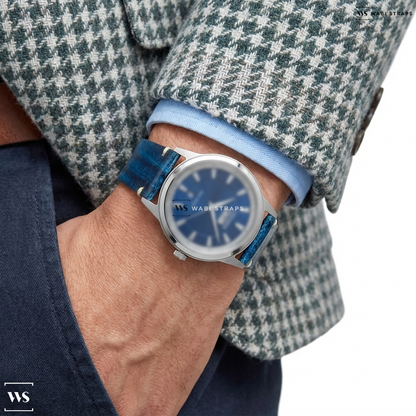 Blue Wood Leather Watch Strap on Citizen Eco-Drive Eco-Drive Blue Dial Stainless Steel Men's Watch