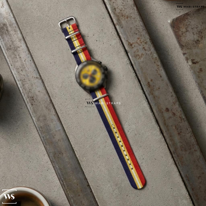 Blue/Red/White/Yellow 2 Thick 3 Thin Stripes Nylon Watch Strap on Tag Heuer Formula 1 Yellow Dial