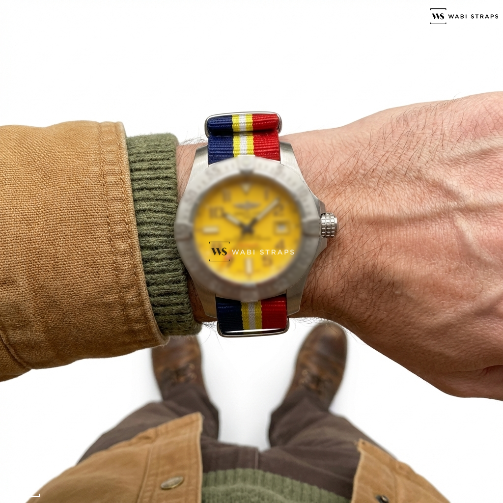 Blue/Red/White/Yellow 2 Thick 3 Thin Stripes Nylon Watch Strap on Breitling Avenger II Seawolf