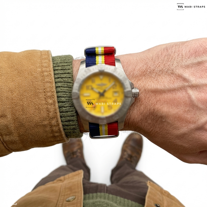 Blue/Red/White/Yellow 2 Thick 3 Thin Stripes Nylon Watch Strap on Breitling Avenger II Seawolf