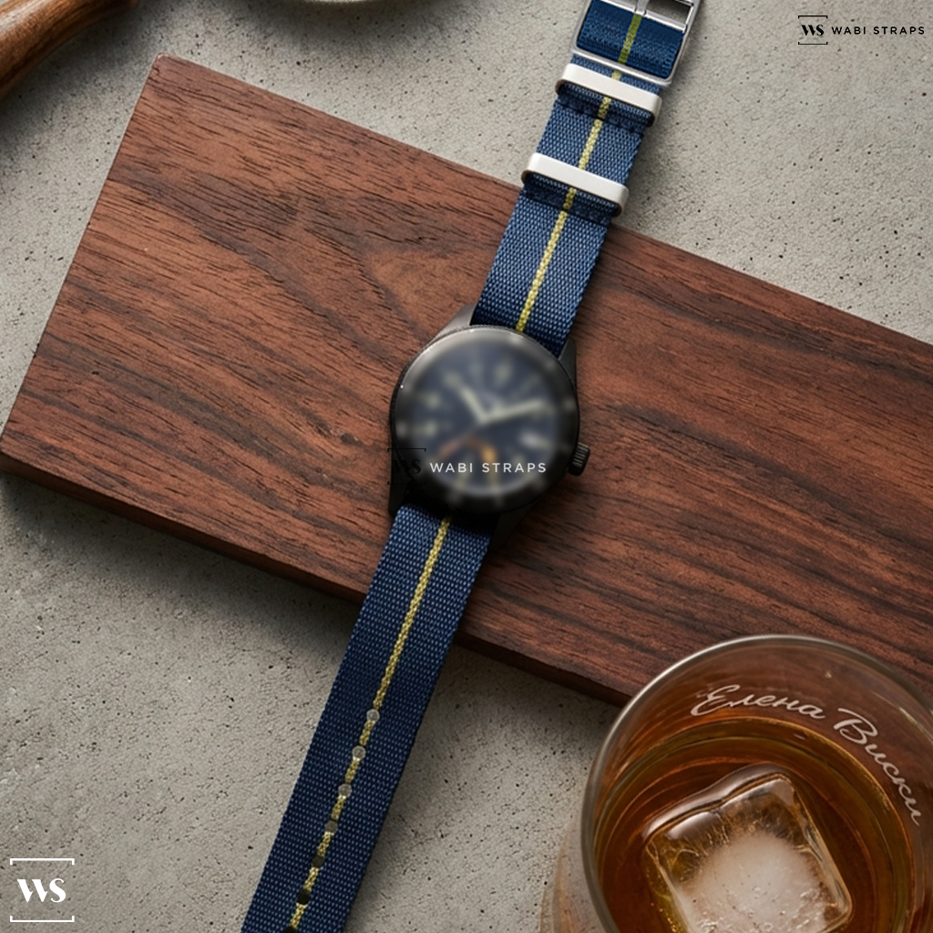 Blue/Green 3-Stripe Nylon Watch Strap on Seiko 5 Sports Automatic GMT Field Watch with Black Case and Dial #SSK025