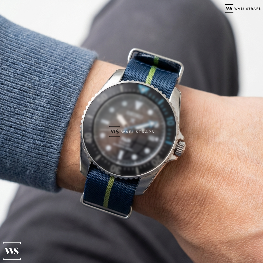 Blue/Green 3-Stripe Nylon Watch Strap on Seiko Prospex Solar Diver