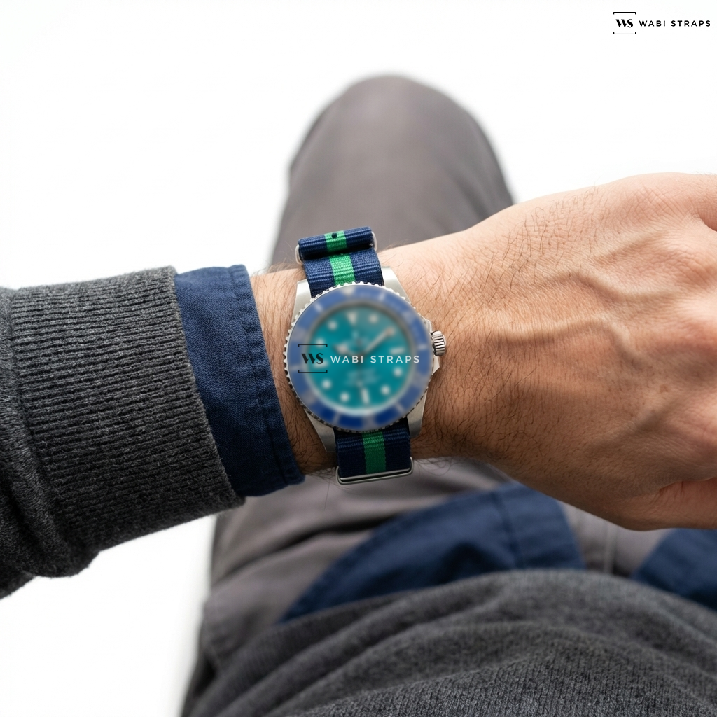 Blue/Green 3 Stripes Nylon Watch Strap on San Martin Original Design NH35 Dive Watch SN0115G