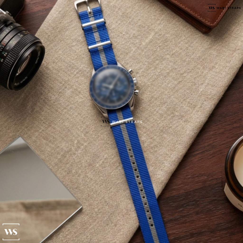 Blue/Grey 2 Thick 1 Thin Stripe Nylon Watch Strap on Omega Speedmaster Day-Date Chronograph Blue Dial