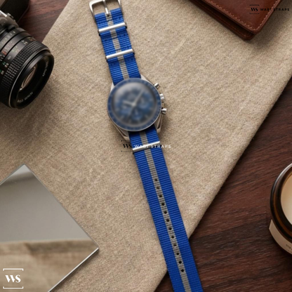 Blue/Grey 2 Thick 1 Thin Stripe Nylon Watch Strap on Omega Speedmaster Day-Date Chronograph Blue Dial